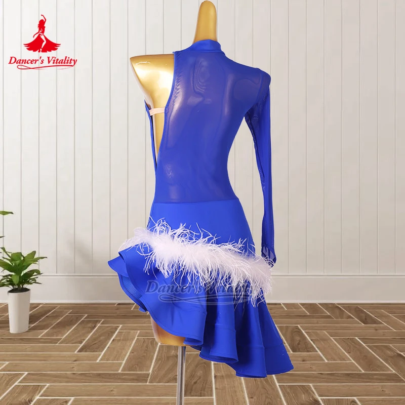 Women Latin Dance Unilateral Sleeve Feather Dresses Adult&Teenagers Chacha Samba Jive Perform Clothing Custom Dancer's Vitality