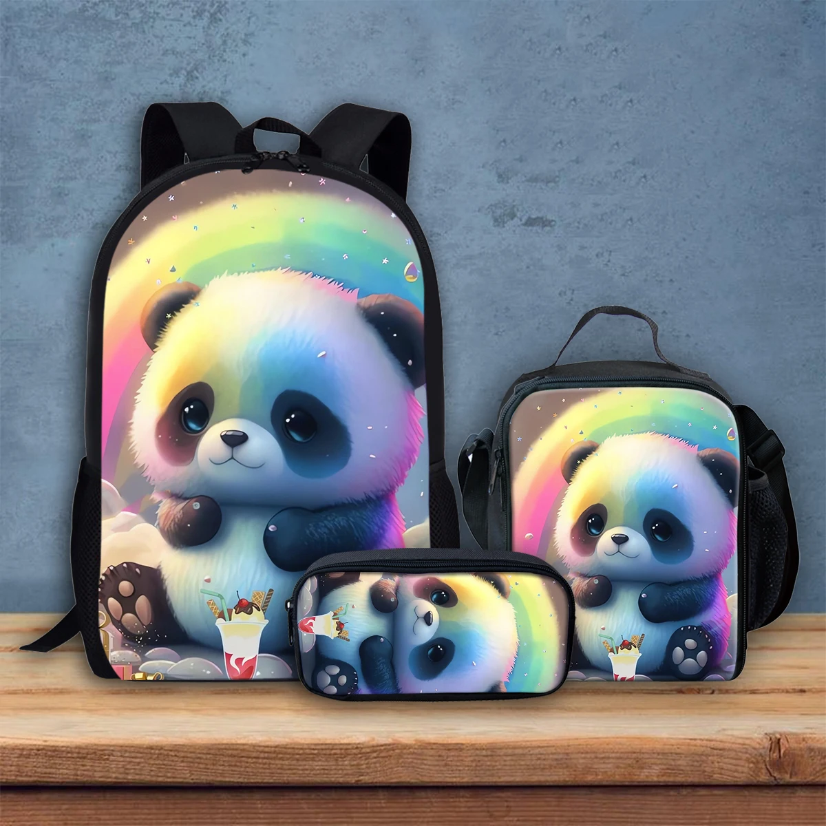 

INSTANTARTS Student Teenagers School Bag Set Cute Panda Rainbow Design School Backpack For Girls Boys Large Capacity Book Bags