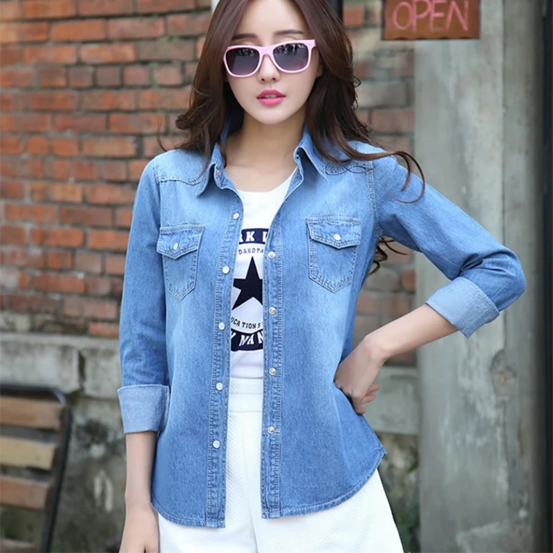 Women Solid Shirt Blue Cotton Blusas Female Tops Korean Casual Long Sleeve Pocket Women's Denim Shirt Camisa Jeans Feminina C323