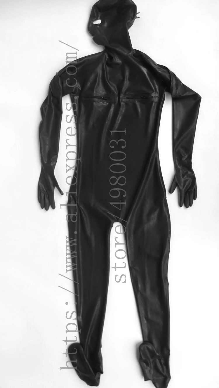 Full cover men's Zentai black late catsuit mask with breast & shoulders zippers and attached socks and gloves