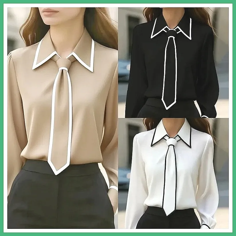 

Women's Elegant Bow Tie Blouse Long Sleeve Office Shirt Slim Fit Contrast Trim Formal Tops
