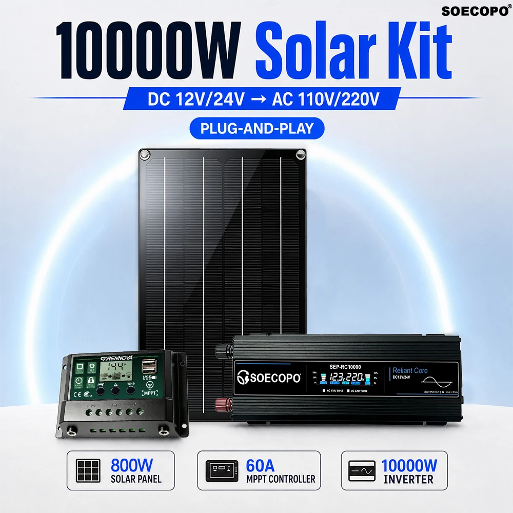 10000W Inverter Home Backup Solar System Kit DC12V/24V AC110V/220V 800W Solar Panel MPPT Controller for Garden Radio Home Backup