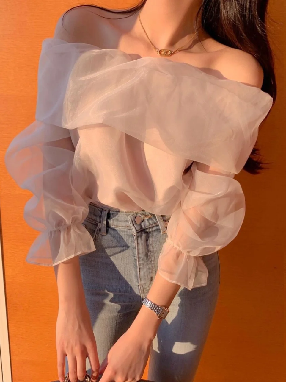 

Romantic One-oulder Chiffon irt Women's Transparent Lace Long Sve Top Korean Sle Commute Pure Color Loose Fit Spring