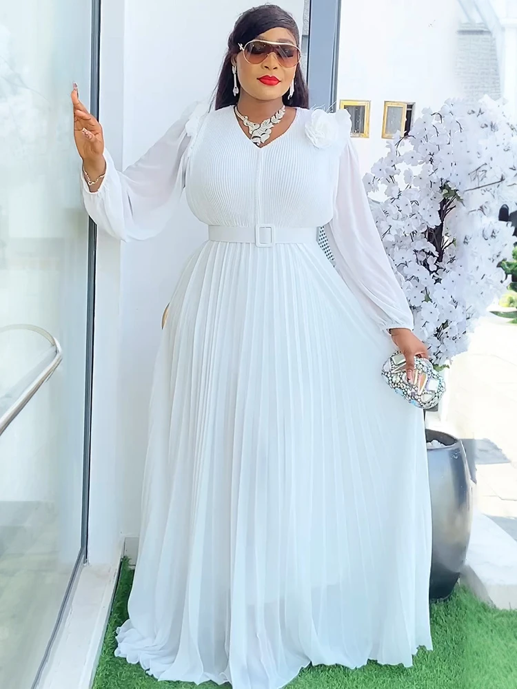 

Long Sleeve Chiffon Dresses For Women Wedding Party Prom Evening Gown Pleated Maxi Robe 2025 African Clothing Dubai Kaftan Abaya