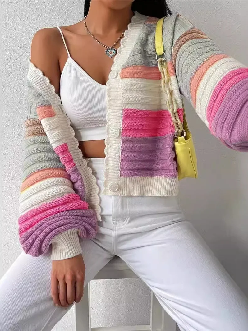 

Women's Rainbow Triped Lantern Sve Sweater Jaet Winter Warm Knitted Long Sve Open Cardigan Loose Fit European Sle