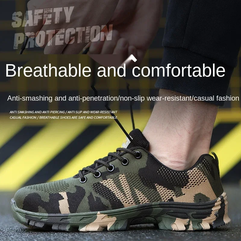 Camouflage Fashion Safety Shoes Flying Woven Breathable Penetration Steels Toe Cap Tendon Durable Work Shoes Protective Footwear