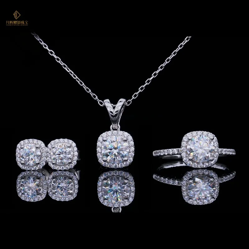 S925 Sterling Silver Rhodium Plated Moissanite White Classic Minimalist Stud Earring Bridal Pendant Necklace Jewelry Set Women