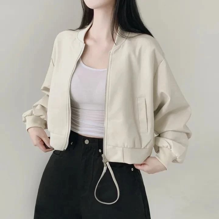 เสื้อแจ็คเก็ตหนังแท้ผู้หญิง ดีไซน์เก๋ ซิปคู่ สีพื้น ทรงเข้ารูป แขนยาว แฟชั่นเกาหลี สไตล์อเนกประสงค์