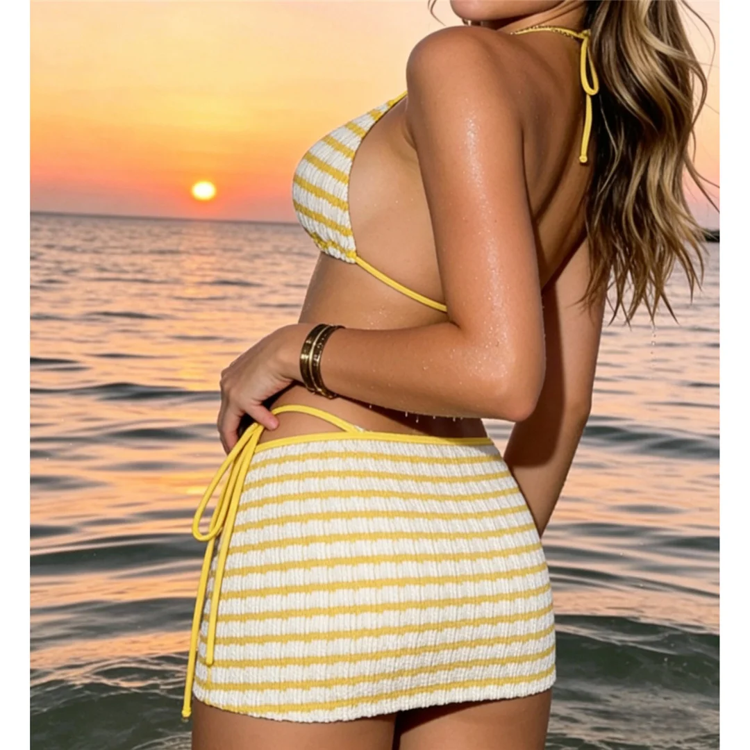 9 Farben gestreifter Neckholder-Bikini mit Rock, Damen-Badeanzug, dreiteiliges Bikini-Set, Badebekleidung, Badeanzug, Schwimmanzug V8046 – Detail 27