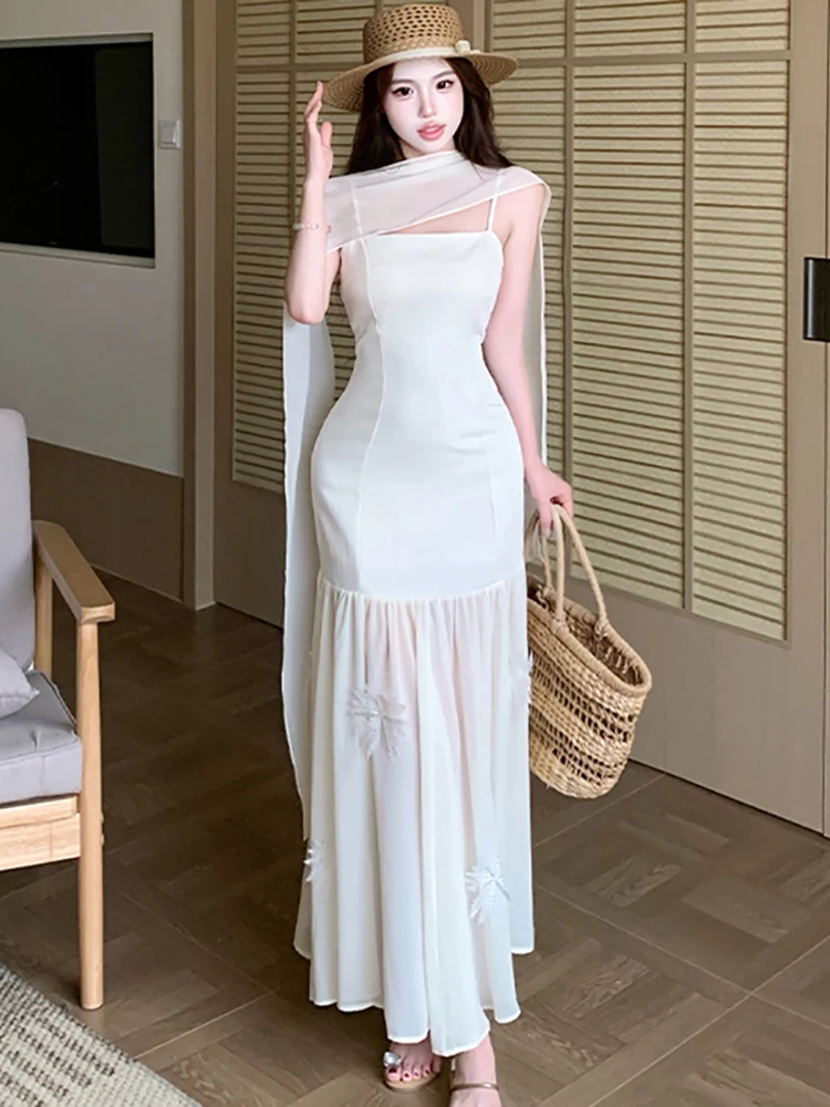 

Summer White Patchwork Emboridery Mesh Ruffled Long Dress Women Elegant Chic Sling Dress 2026 Korean Vintage Luxury Night Dress