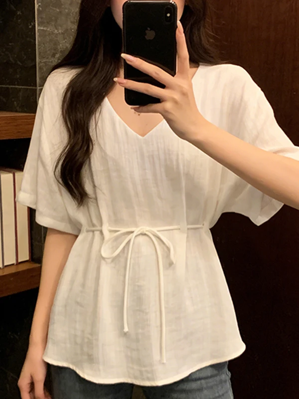 

plus Size Summer New V-Neck Casual Short Sleeve Shirt Slimming Loose Belly Covering Fashionable Top for plus Size Women
