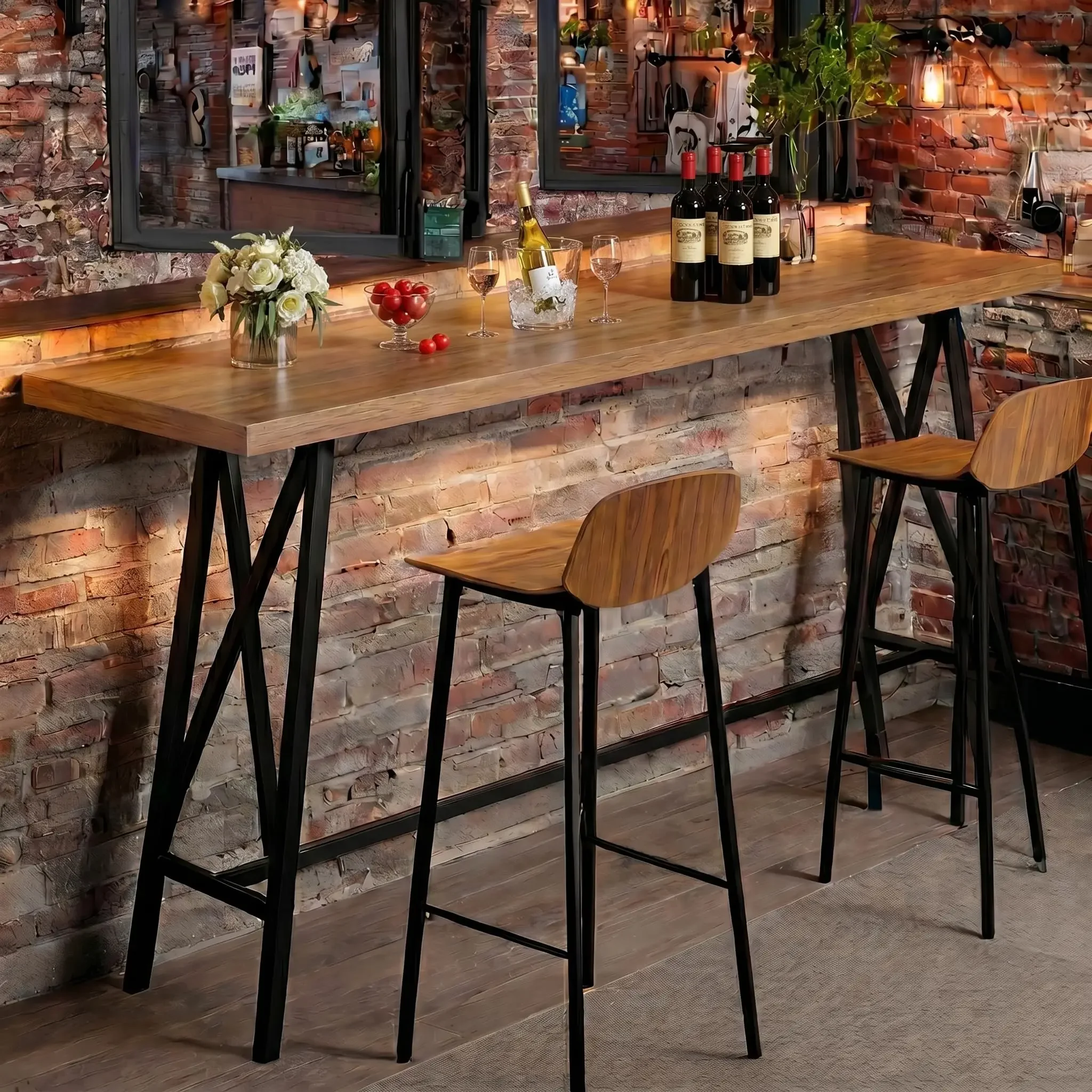 

Solid Wood Bar Table With Metal Footrest 63 Inch Industrial Pub Table Counter Height Bistro Table