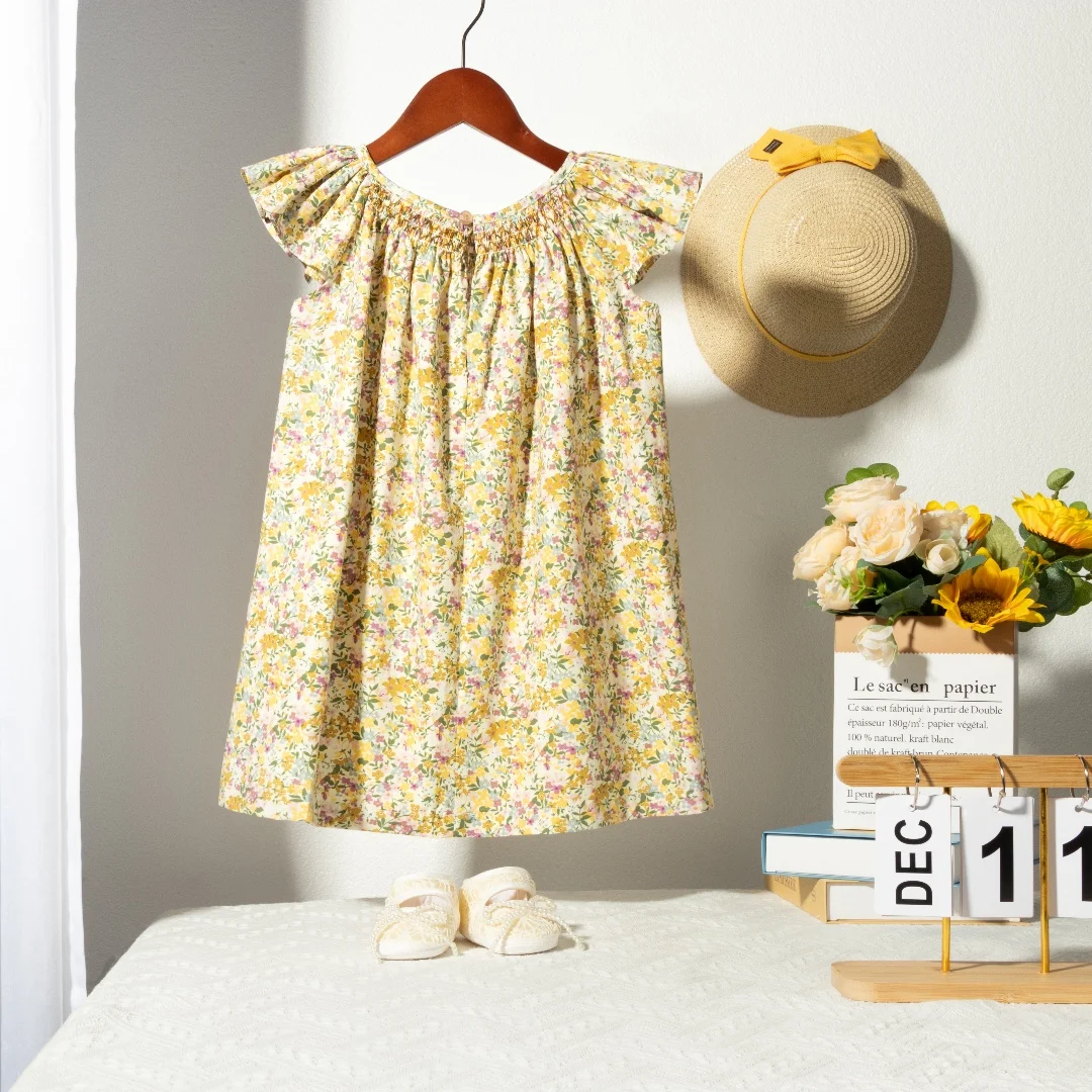 Blumen-Sommerkleid für Mädchen im Alter von 1, 2, 3, 4, 5, 6 Jahren, Smockdesign mit fliegenden Ärmeln, für Babys und Kleinkinder, tägliche süße Kleidung – Detail 30