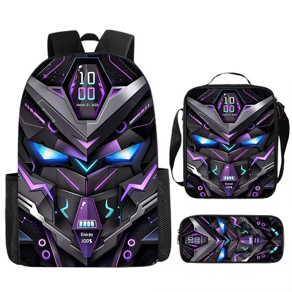 2026 Cross border New Mechanical Wind Backpack Three piece Set for Students, Large Capacity Backpack, Ice Bag, Pen Bag