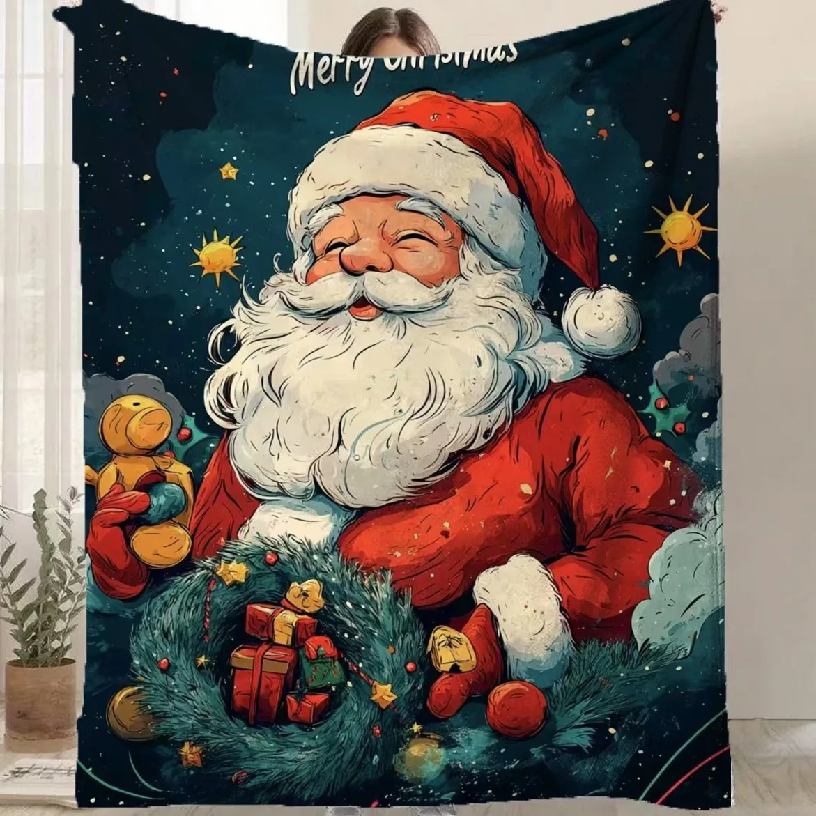 VIKAMA Celestial Golden Rays Santa Plush Throw Blanket, Cozy Plush Cover for Couch Sofa Bed, Warm Xmas Gift for Women Family