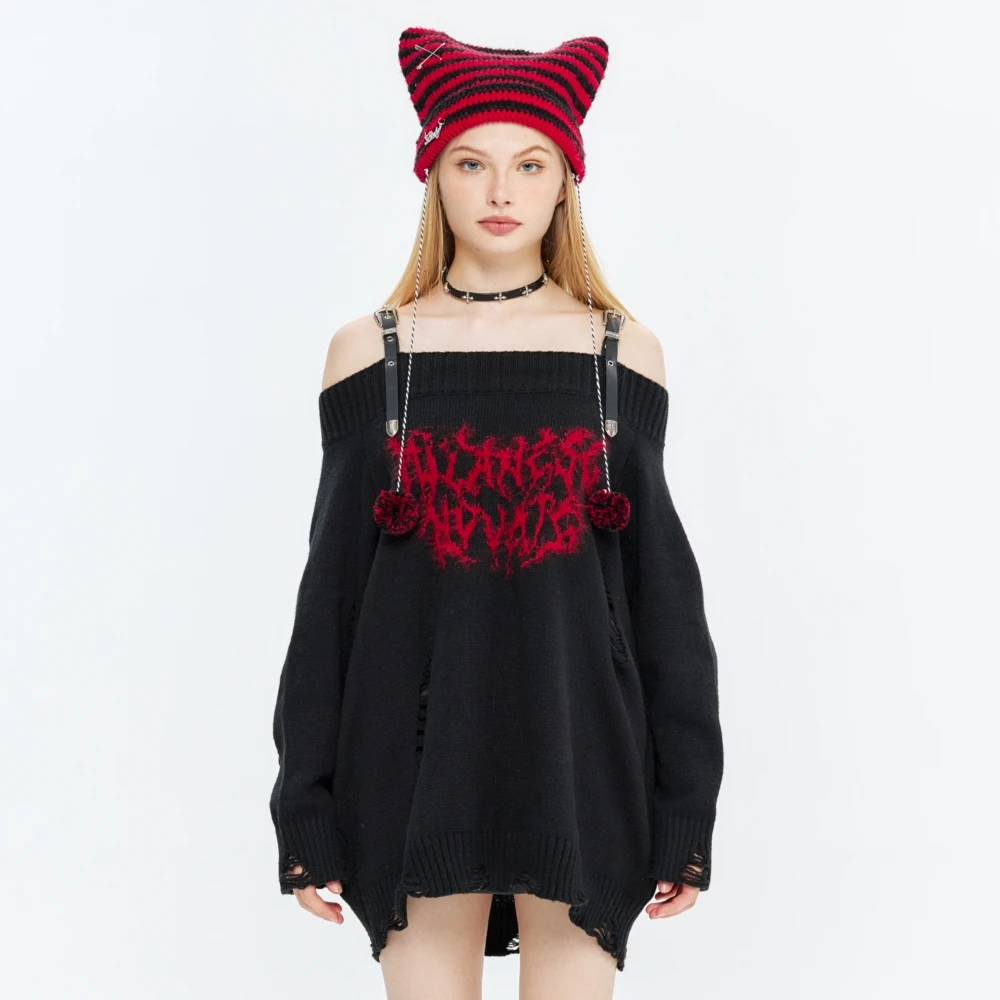 Off Shoulder Sweater For Women Y2k Frayed Knitted Sweaters Oversized Korean Fashion Spring Tops Streetwear Vintage Goth Clothes