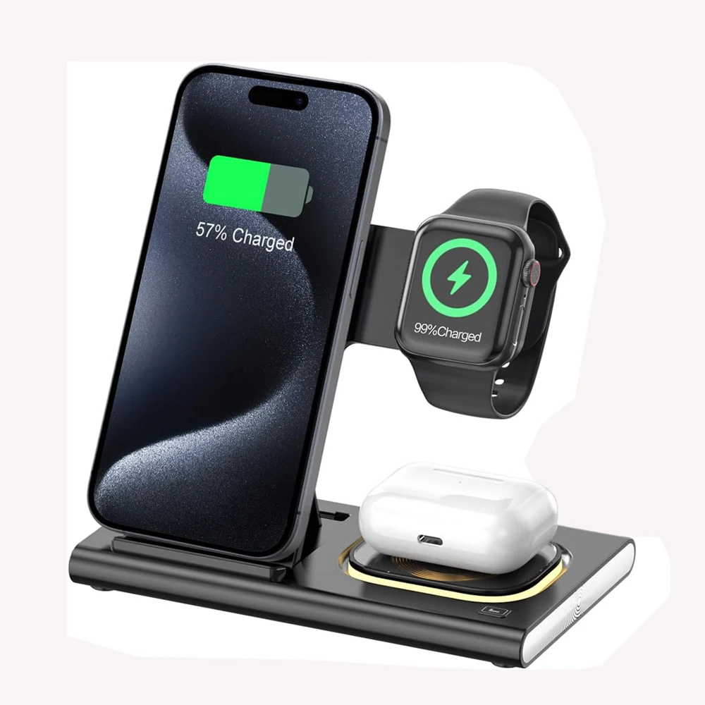 

3 in 1 Foldable Charging Station Fast Wireless Charger for iPhone 16/15/14/13/12/11/X/XS for iWatch 10/9/8/7/Ultra2/Ultra/AirPod