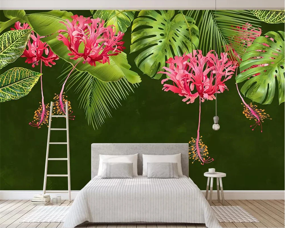 Fondos de pantalla de tamaño personalizado, plantas tropicales, hojas de plátano, Mural de flores rosas, decoración del hogar, hojas pastorales, foto de flores, papel tapiz 3d