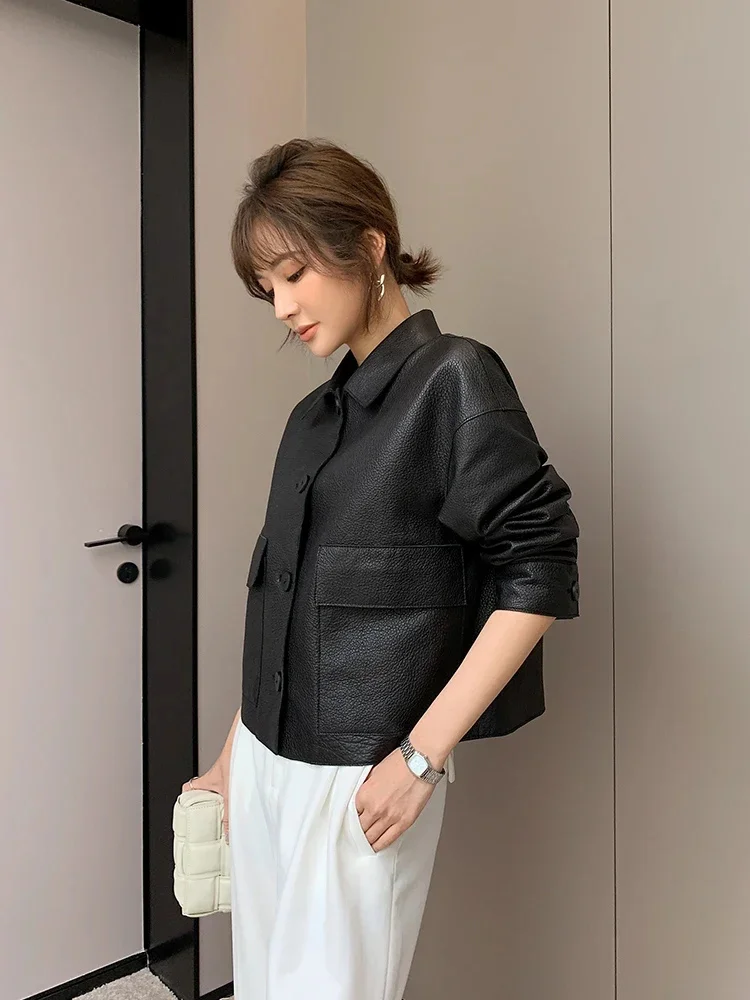 Veste en cuir véritable pour femme, manteau court en peau de mouton, simple boutonnage, décontracté, tendance haut de gamme, printemps, automne, 2024