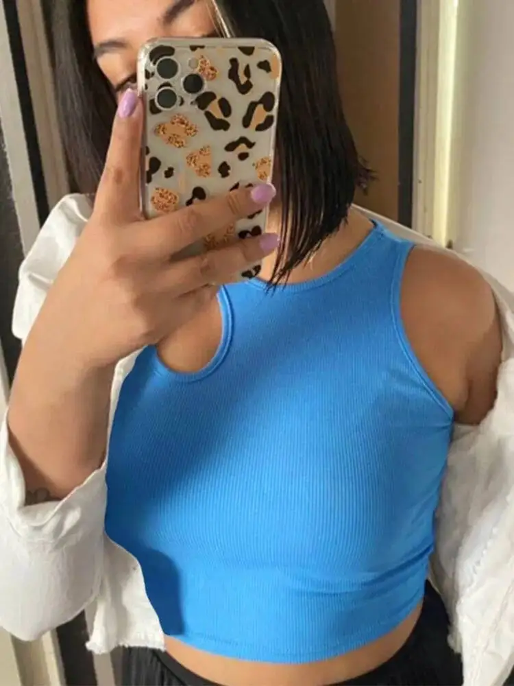 

Сексуальная вязаная майка в рубчик для женщин, летние однотонные укороченные топы без рукавов с круглым вырезом, уличная винтажная корейская модная рубашка, жилет Y K, одежда