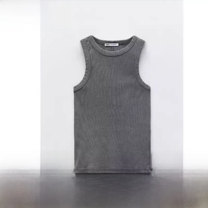 

Spring 2024 Women's Slim Fit Waed Effect Ribbed Svel T-irt Vest Hot Girl Basic Color Commute Sle Casual Top