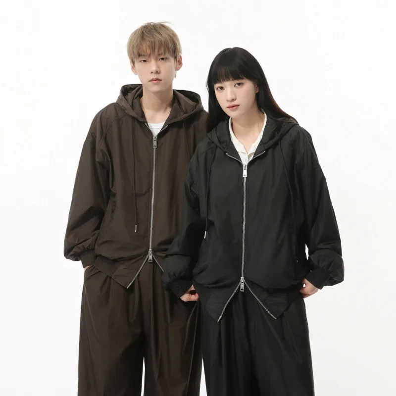 Niche Design Men's Two-piece Drawstring Hooded Zipper Jackets Straight Wide Leg Loose Elastic Waist Pants Stylish 2024