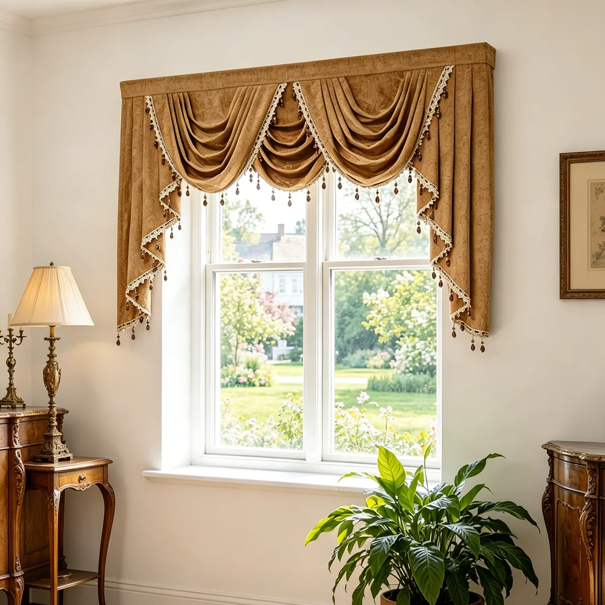 Solid Chenille Window Valance, Contrast Lace Tassel Decor Swag Drape Top for Bedroom Living Room