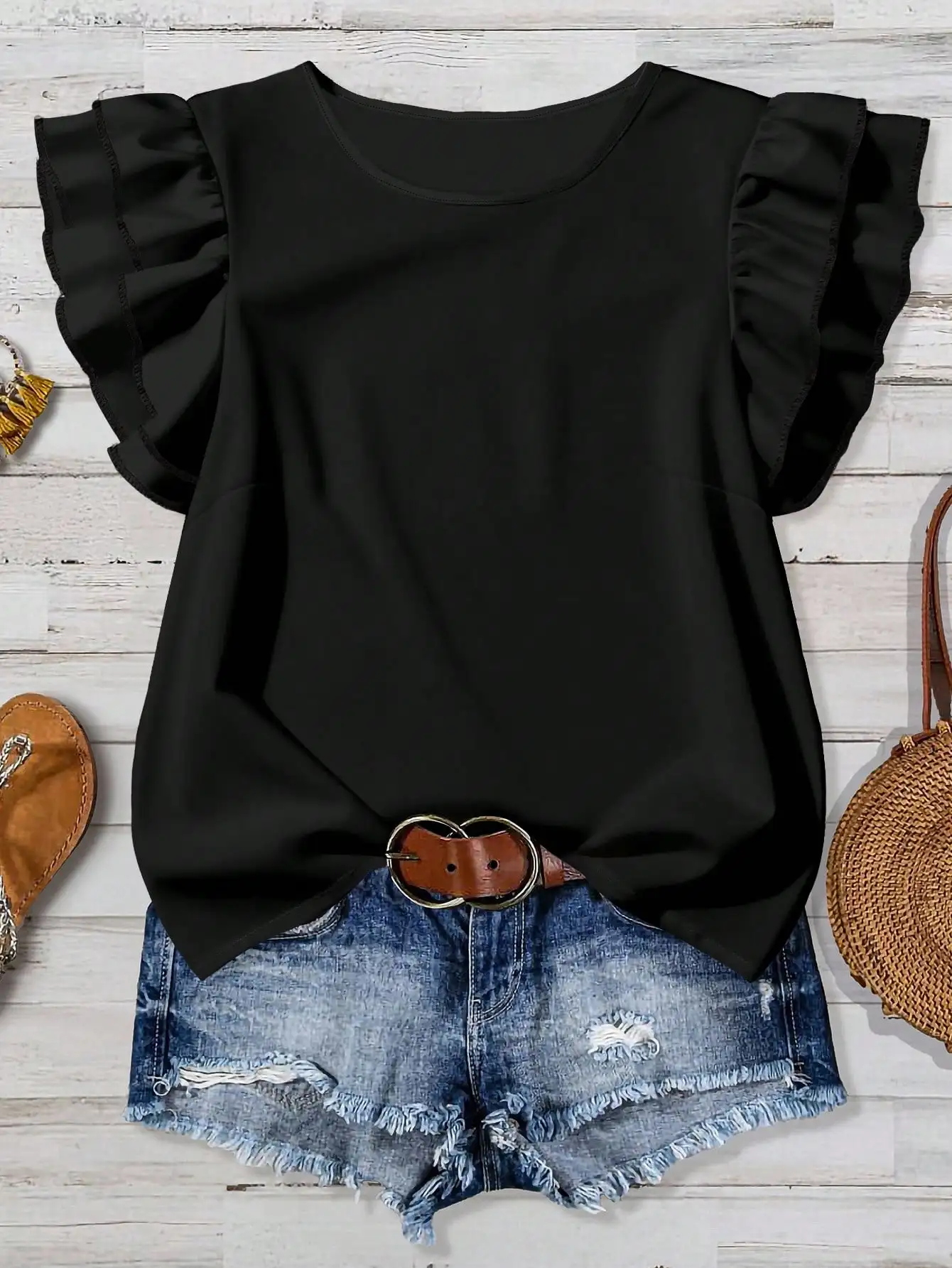 

Women's Casual Solid Black Round Neck Ruffle Sleeve Loose Top