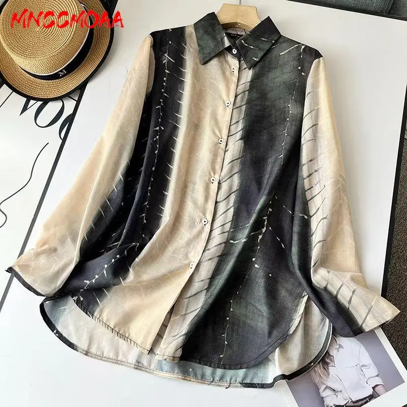 

MNCCMOAA 2024 Spring Summer Women Fashion Single-Breasted Long Sleeve Printed Shirt Female Casual Loose Commute Blouses Tops