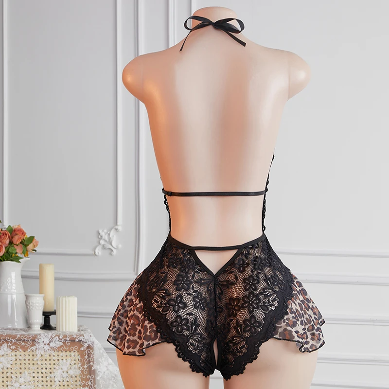 Crotchless Deep V Leopard Print Patchwork Lace Transparent Sexy Lingerie Women Hollow Bodysuit Underwear Set Erotic Costumes image 6