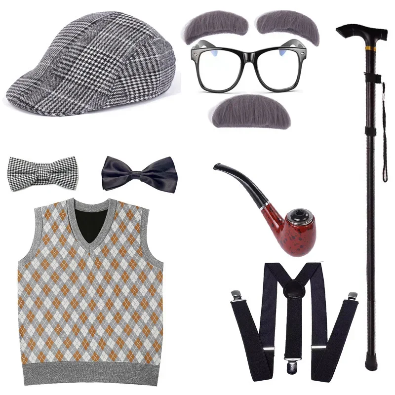 2024 New Kids 100 Days of School Costume for Boys Halloween Old Man Costume Hat Glasses Wig and Grandpa Vest Cane Full Set Child view 4