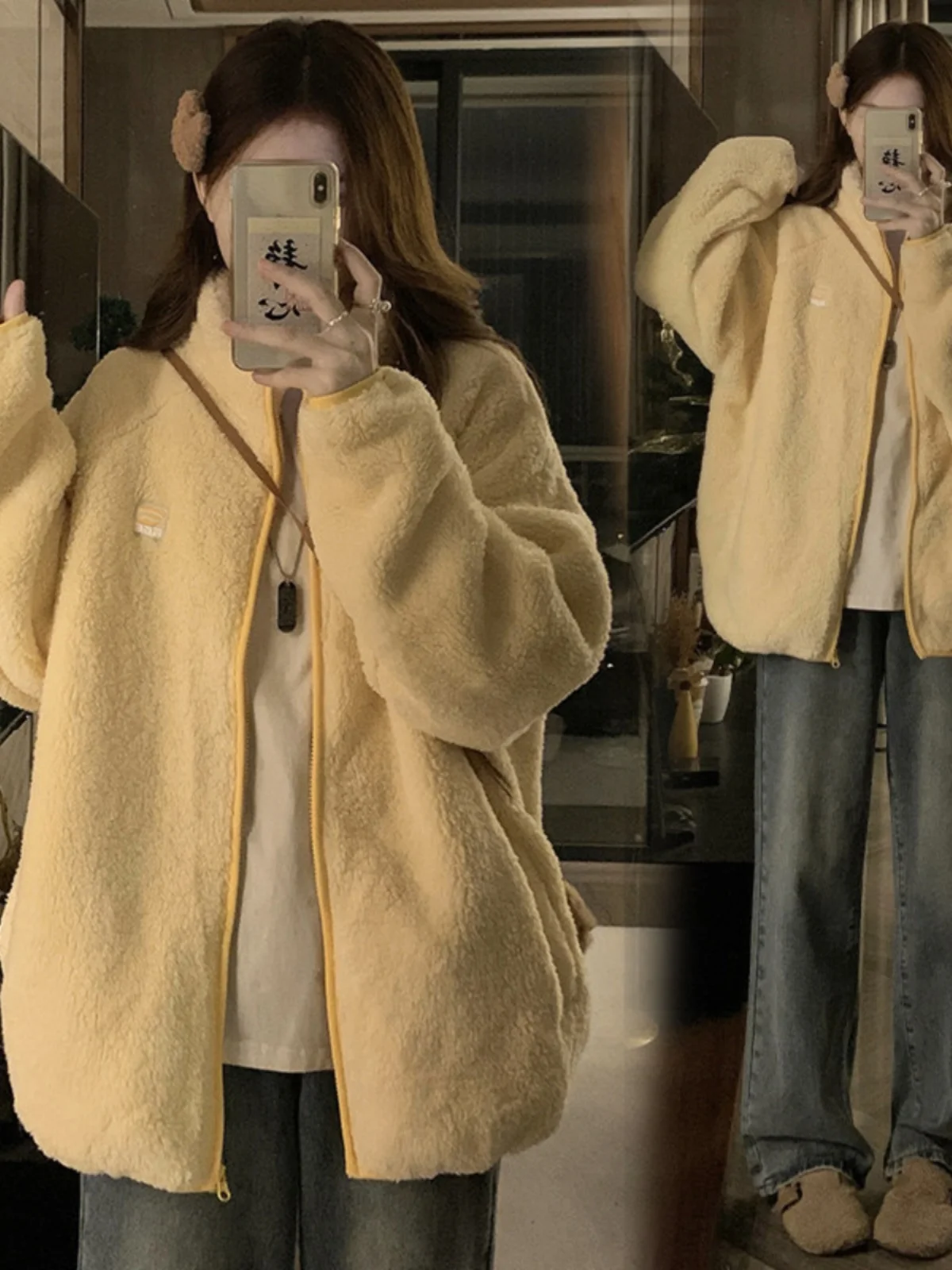 

Lamb Velvet Fce Lined Thiened Cotton Jaet Men's Winter Outerwear Loose Fit Trendy Brand Stand Collar Warm Coat