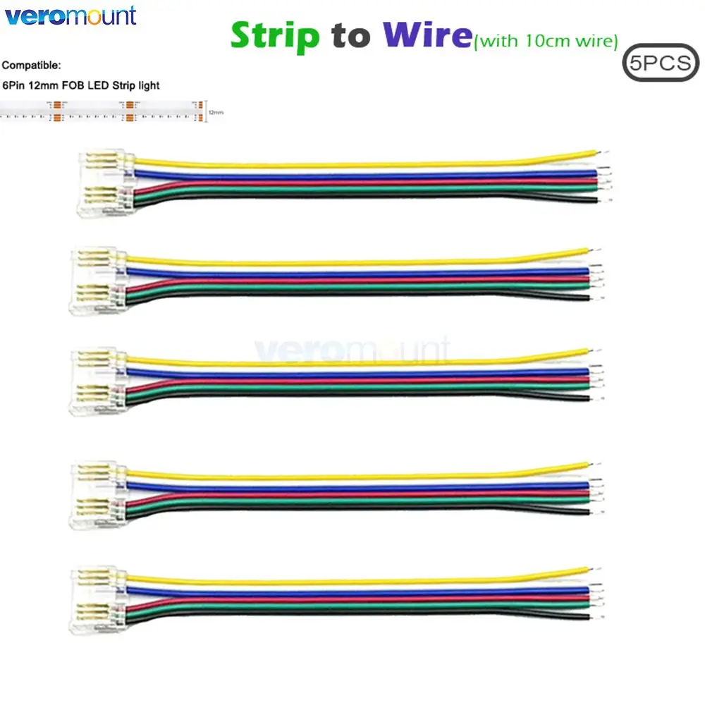 6pin COB Strip Fast Connector RGBCCT FCOB LED Tape 12mm Width Strip to Strip or Strip to Wire Solderless Connector Corner Joint