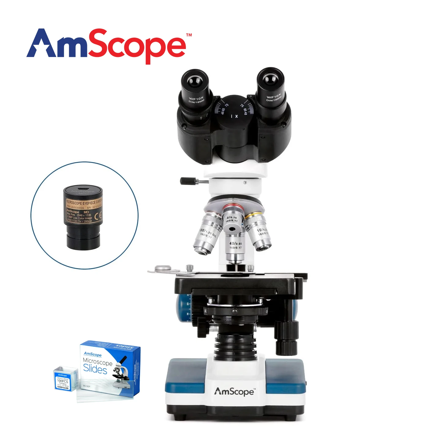 AmScope B120 Series Binocular Compound Microscope with LED, Siedentopf Head and 50 Blank Slides