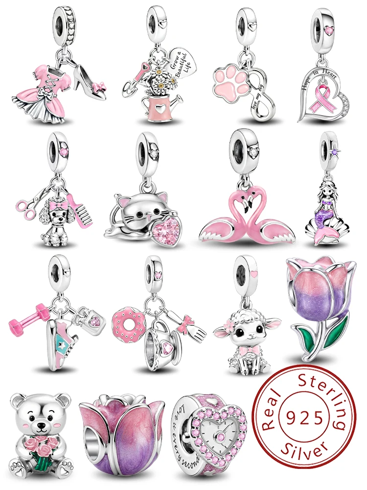 

925 Sterling Silver Donut Mermaid Tulip Pink Series Charms Beads DIY Made Into Bracelets High Quality Jewelry Gift For Womens