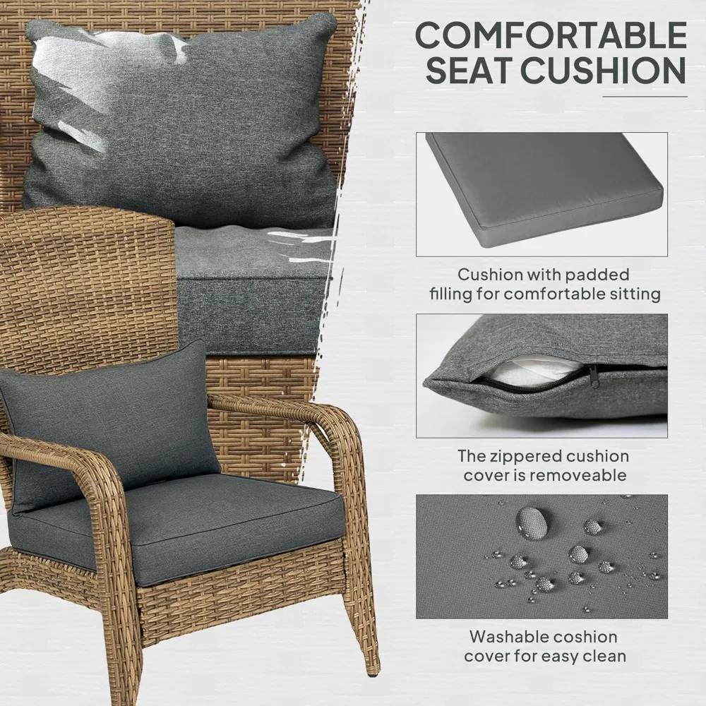 كرسي آديرونداك من Outsunny Patio Wicker، كرسي حفرة النار من الروطان مناسب لجميع الأحوال الجوية في الهواء الطلق مع وسائد ناعمة ومسند ظهر منحني طويل القامة وC