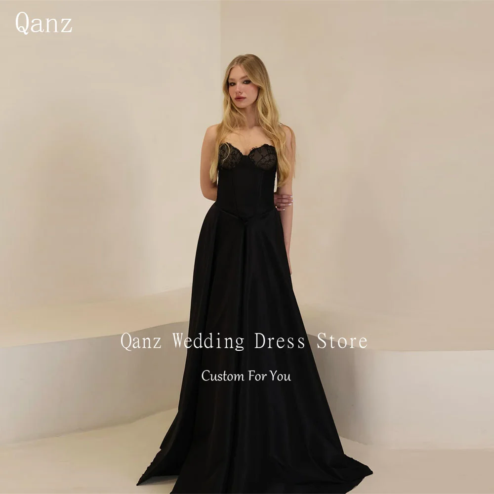 

Qanz Elegant Sweethear Evening Dress Long A Line Satin Sleeveless Women's Wedding Party Attire Lace Robes De Soirée Customized