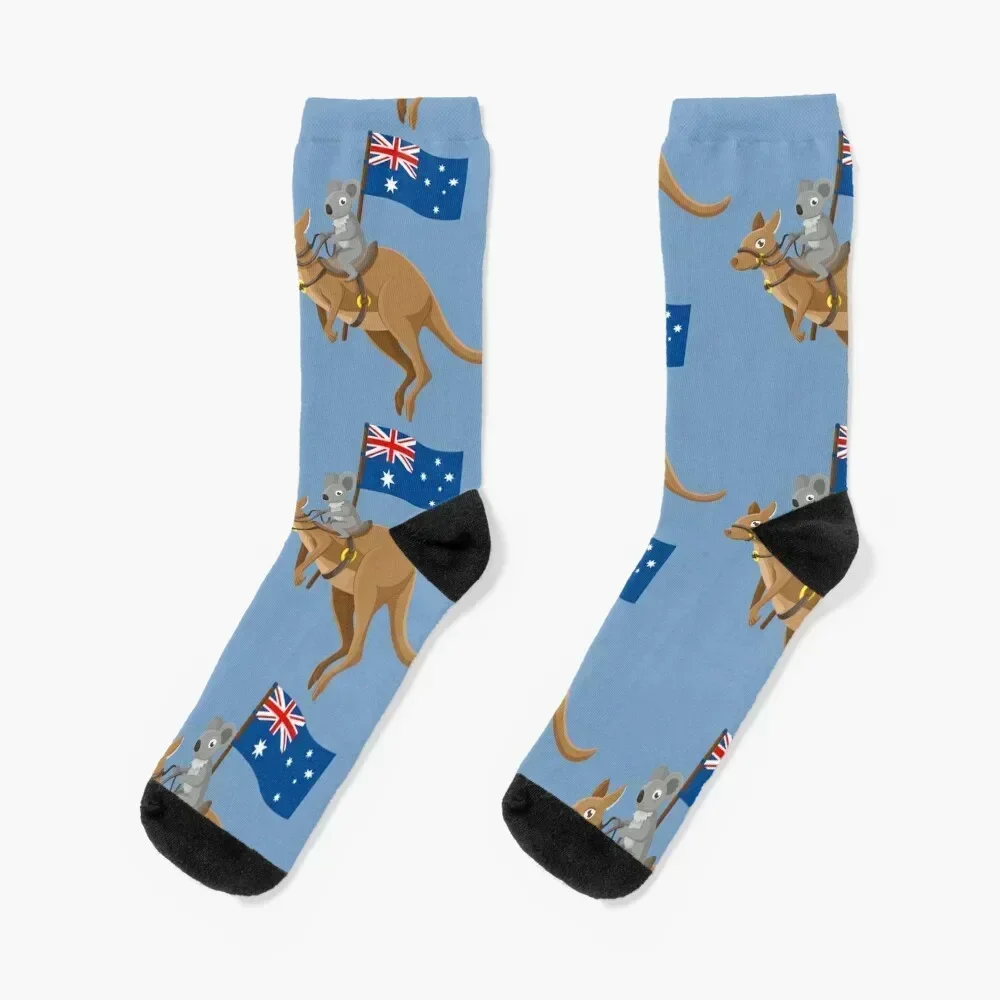 

Koala riding kangaroo carrying australian flag Socks Wholesale Rugby man gifts Socks Women Men's