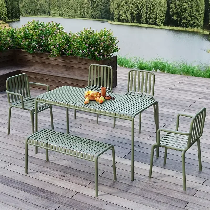 Iron Outdoor Garden Table and Chair Set Patio Bench Modern Simple Leisure Courtyard Furniture for Tea Coffee Shop