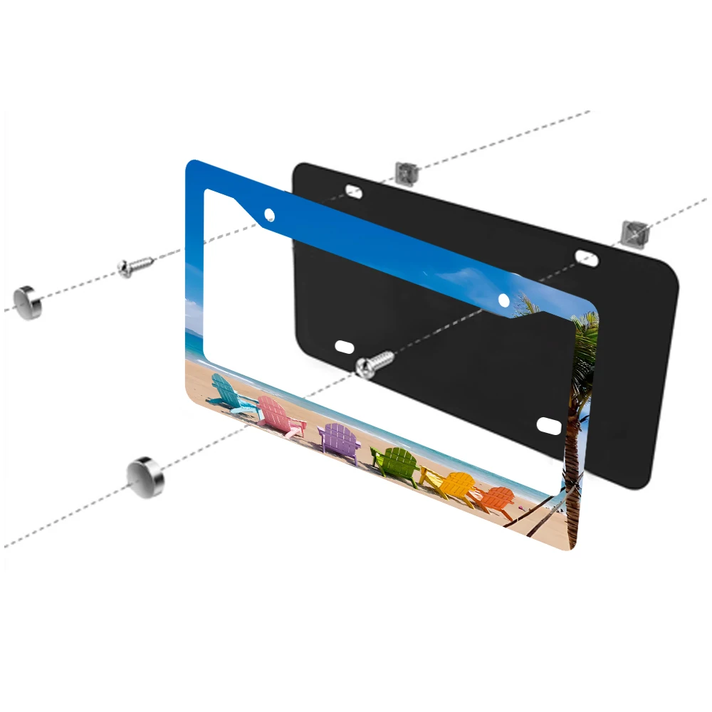 الأزرق الشاطئ المشهد 2-Hole إطار لوحة الرخصة الألومنيوم 6x12 بوصة مع مسامير مجموعة الكرتون متعة سيارة ديكور هدية الولايات المتحدة الحجم القياسي #4