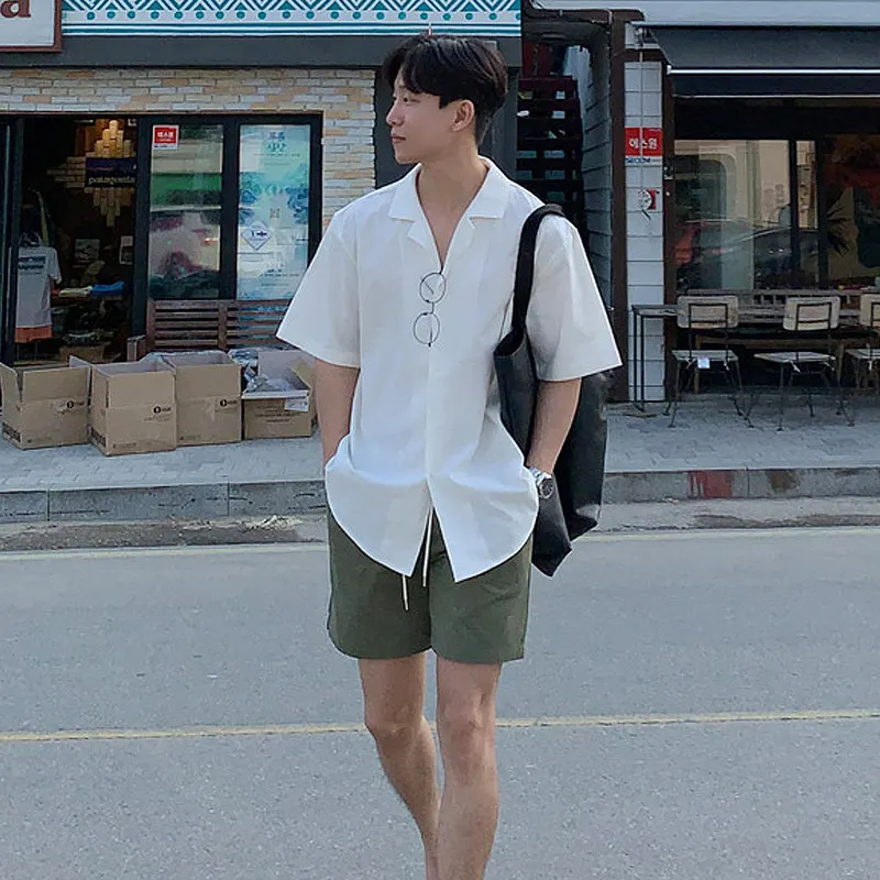 

Men's Summer Cuban Collar Short Sleeve Shirt - Loose Fit Korean Style Casual Beach Resort Button Down Top