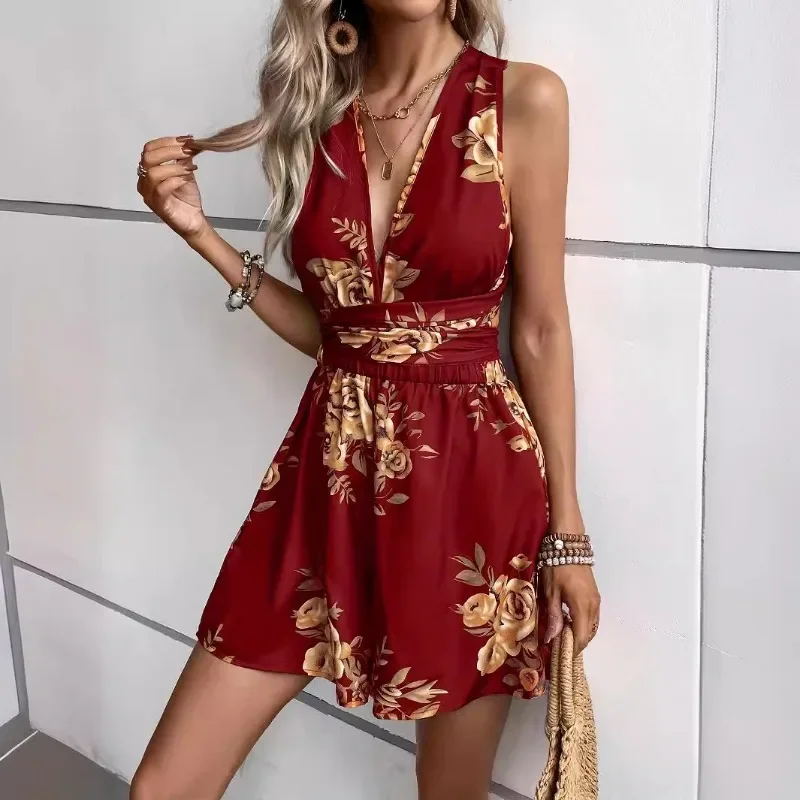 

Women'S Summer New V-Neck Holiday Backless Floral Print Dress Summer Beach Casual Slim A-Line Ruched Folds Sleeveless Sundress