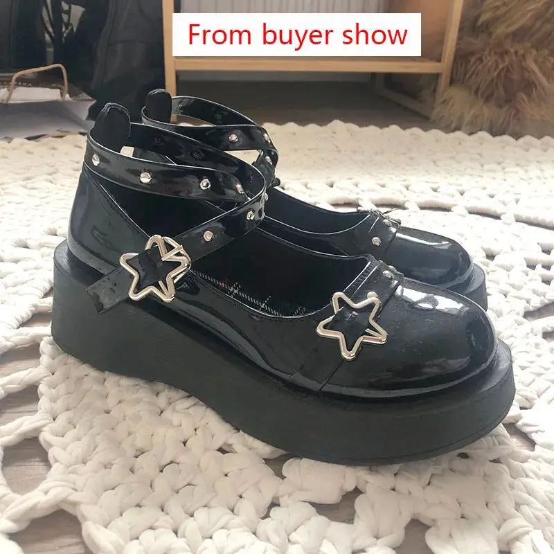 Shoes Lolita shoes Women heels platform mary janes Star Buckle Strap Mary Janes Women Cross-tied Girls Rivet Casual kawaii shoes