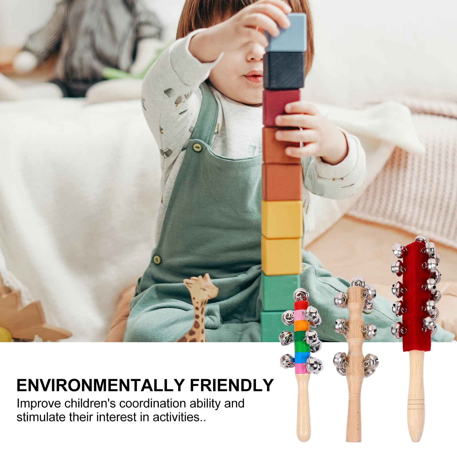 

3 Pcs Stick Bell Hand Rattle Toys Colorful Wooden Shaking Baby Handbell Rattles Infant Educational Musical Instruments