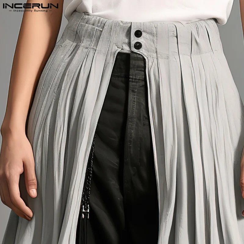 2024 Men\'s Skirts Solid Color Loose Button Pleated Fashion Casual Men Bottoms Split Streetwear Unisex Irregular Skirts INCERUN