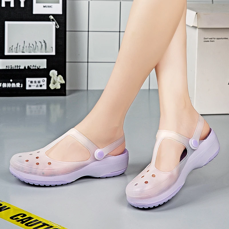 Summer Women Mary Jane Beach Sandals Hollow Out Breathable Jelly Garden Shoes Soft Bottom Anti Slip Slope Heel Cool Slippers