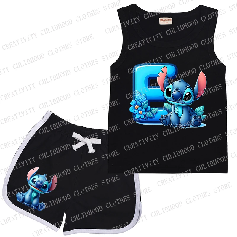 Neue Kinder Anzug Stich Brief a-z Sport schwarze Kleidung lässig ärmellose Mädchen Junge Weste & Shorts 2 Stück Sets Kinder Sommerkleid ung