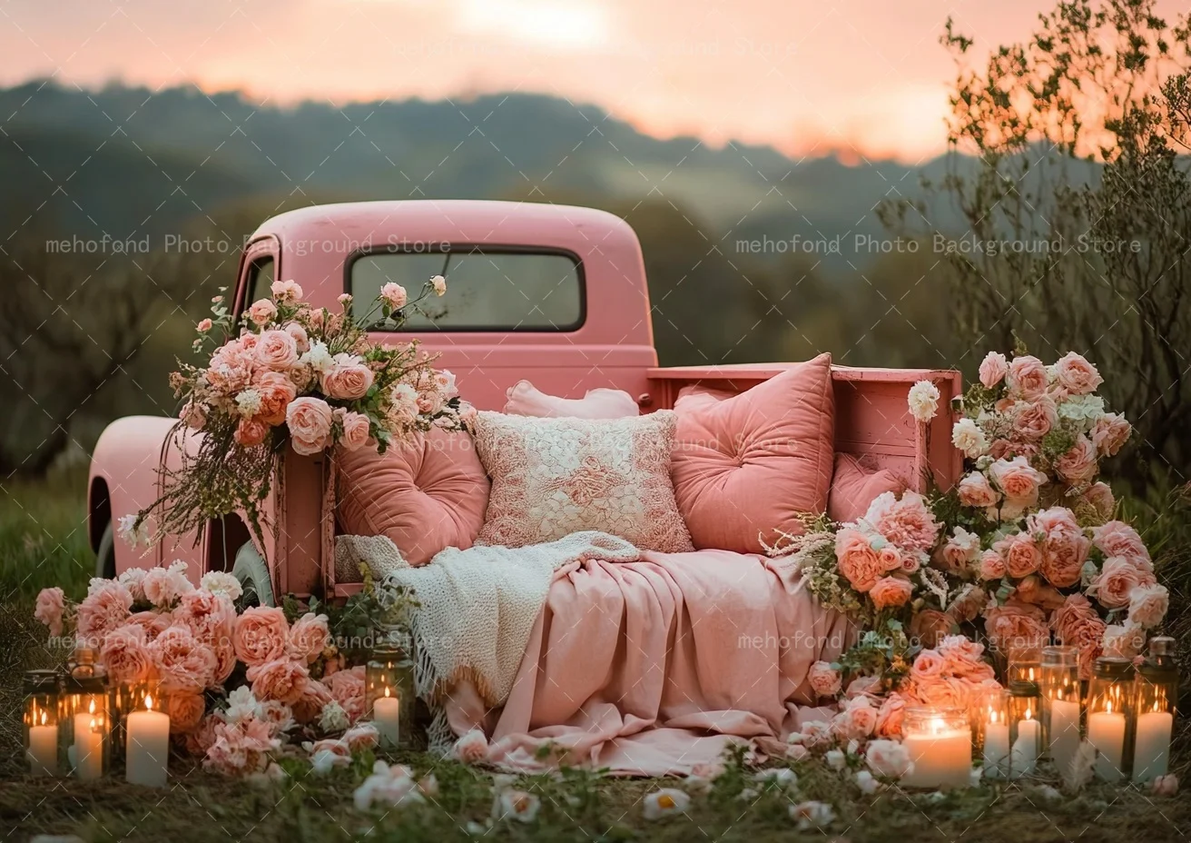 Mehofond Photography Background Romantic Valentine's Day Rose Pink Car Sunset Candlelight Kids Family Portrait Backdrop Decor
