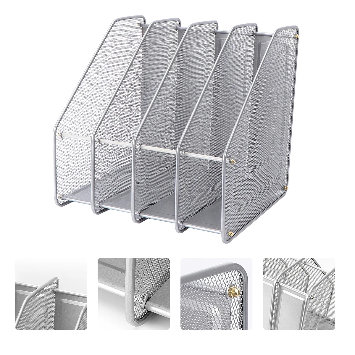 4 Compartment Mesh Metal File Organizer Rack Silver Desktop Document Folder Storage For Magazines Notebooks Directories