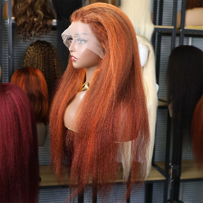 

4 350 Colored Human Hair Wig Kinky Straight Wig 13x6 HD Lace Front Human Hair Wigs Pre Plucked 100% Human Hair 180 200 Density